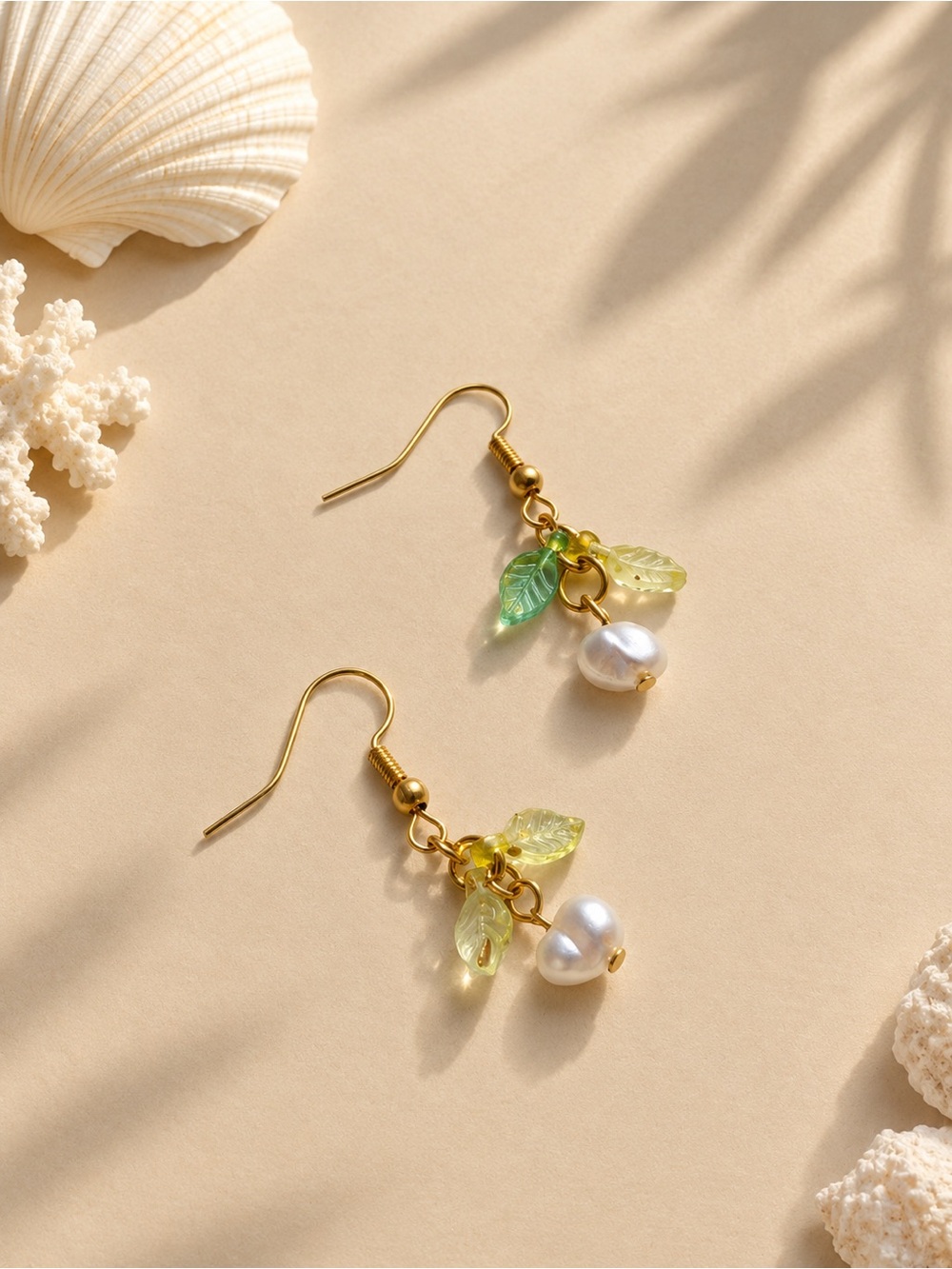 Elegant Gold Pearl & Green Leaf Dangle Earrings